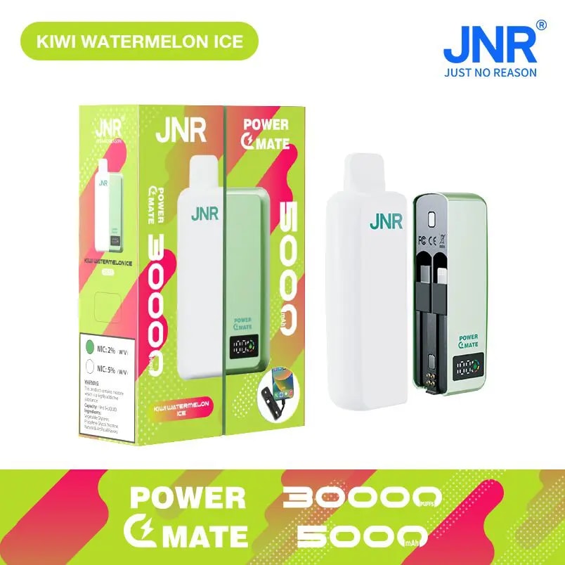 JNR Kiwi Watermelon Ice Power Mate device with 30,000 puffs, 5000mAh capacity, featuring a compact design and visible e-liquid cartridge.