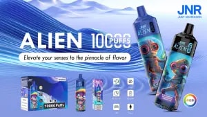 Kampanjbild som visar JNR Alien 10 000 puffs vape-enheter med färgglada utomjordingar-tema design, produktspecifikationer och tagline "Höj dina sinnen till toppen av smak" mot en vågig blå bakgrund.