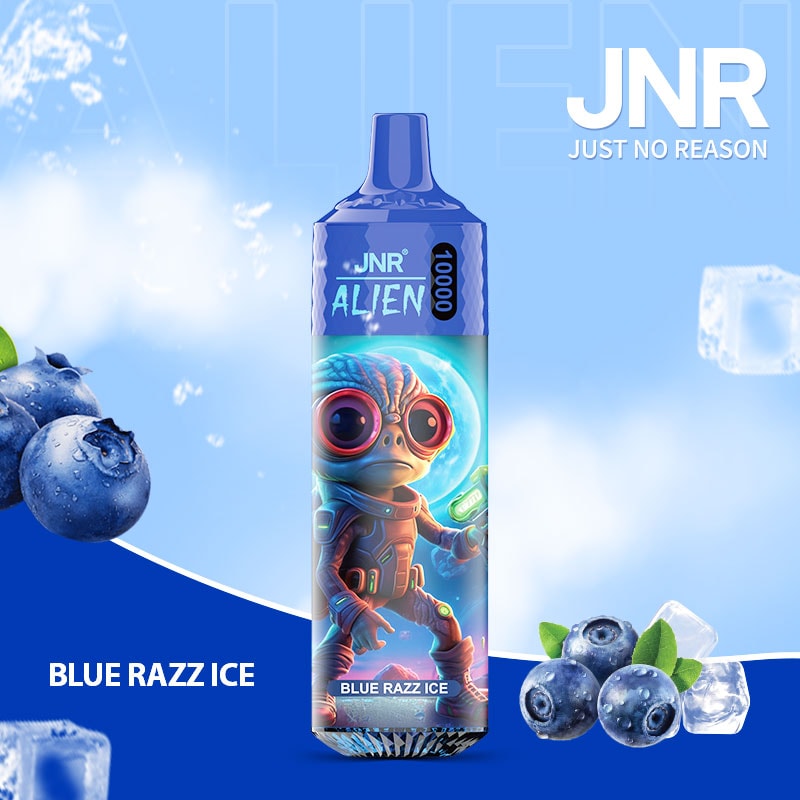 En blå vape-enhet märkt "JNR ALIEN" med en illustration av en utomjordisk karaktär, omgiven av blåbär, isbitar och en blå bakgrund.