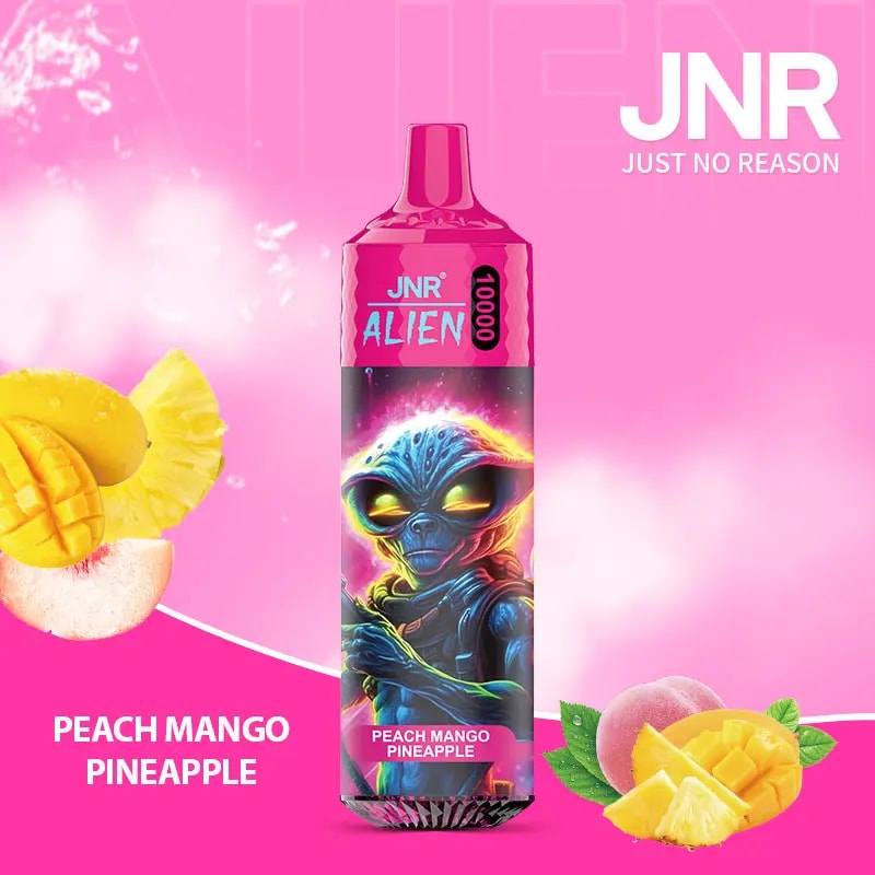 Vape-enhetsförpackning med rosa tema med en utomjordisk design, märkt "JNR Alien 10000" med illustrationer av persika, mango och ananassmak.