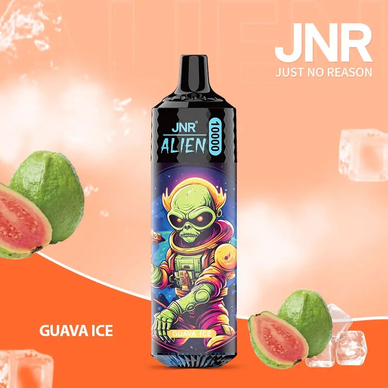 "JNR Alien 10000 Guava Ice-smaksatt engångsvape med en utomjordisk design och guavafruktbilder."
