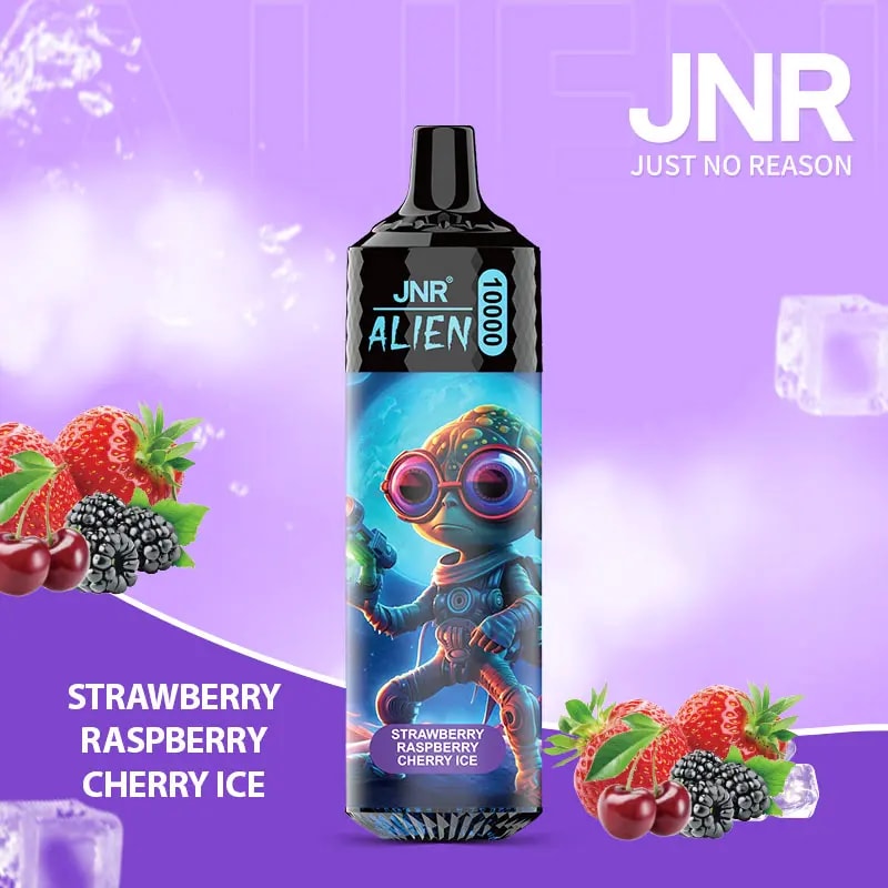 "JNR Alien 10000 engångsvape med smak av jordgubbar, hallon, körsbärsis, med en utomjordisk design och livlig lila bakgrund."