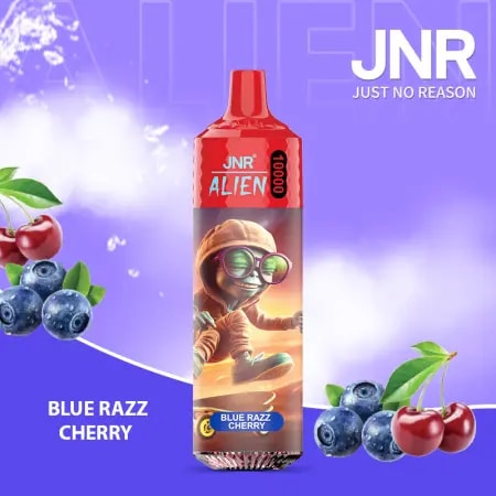 Un dispositivo de vapeo rojo etiquetado como "JNR Alien 10000" con un personaje extraterrestre de dibujos animados que usa gafas de sol y una sudadera con capucha, rodeado de arándanos y cerezas, con sabor "Blue Razz Cherry" indicado.