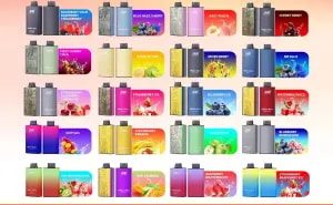 A collection of colorful vape devices with various flavor labels, including Blueberry Sour Raspberry Strawberry, Juicy Peach, Cherry Berry, Lemon & Lime, Mixed Berry, Strawberry Raspberry Cherry Ice, Skittles, Kiwi Watermelon Ice, Triple Mango, and Raspberry Watermelon.