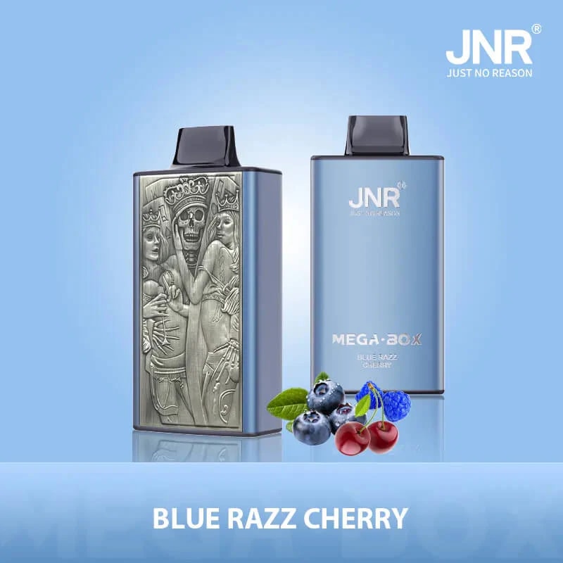 A silver and blue vape device with an engraved artistic design on one side and the text "JNR MEGA BOX BLUE RAZZ CHERRY" on the other, accompanied by illustrations of blueberries, raspberries, and cherries.