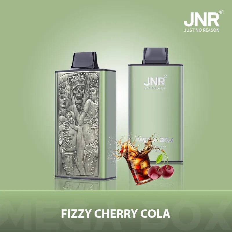A metallic vape device with engraved artwork and a "JNR" logo, featuring a fizzy cherry cola flavor illustration with cherries and a glass of cola.