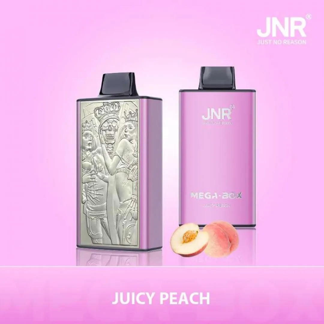 A pink vape device with a metallic engraved design on one side featuring skeleton figures and text "JNR MEGA BOX JUICY PEACH" with peach fruit illustration.