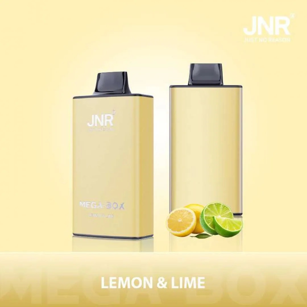 Yellow rectangular vape device labeled "JNR" with the flavor "Lemon & Lime," accompanied by lemon and lime slices on a matching yellow background.