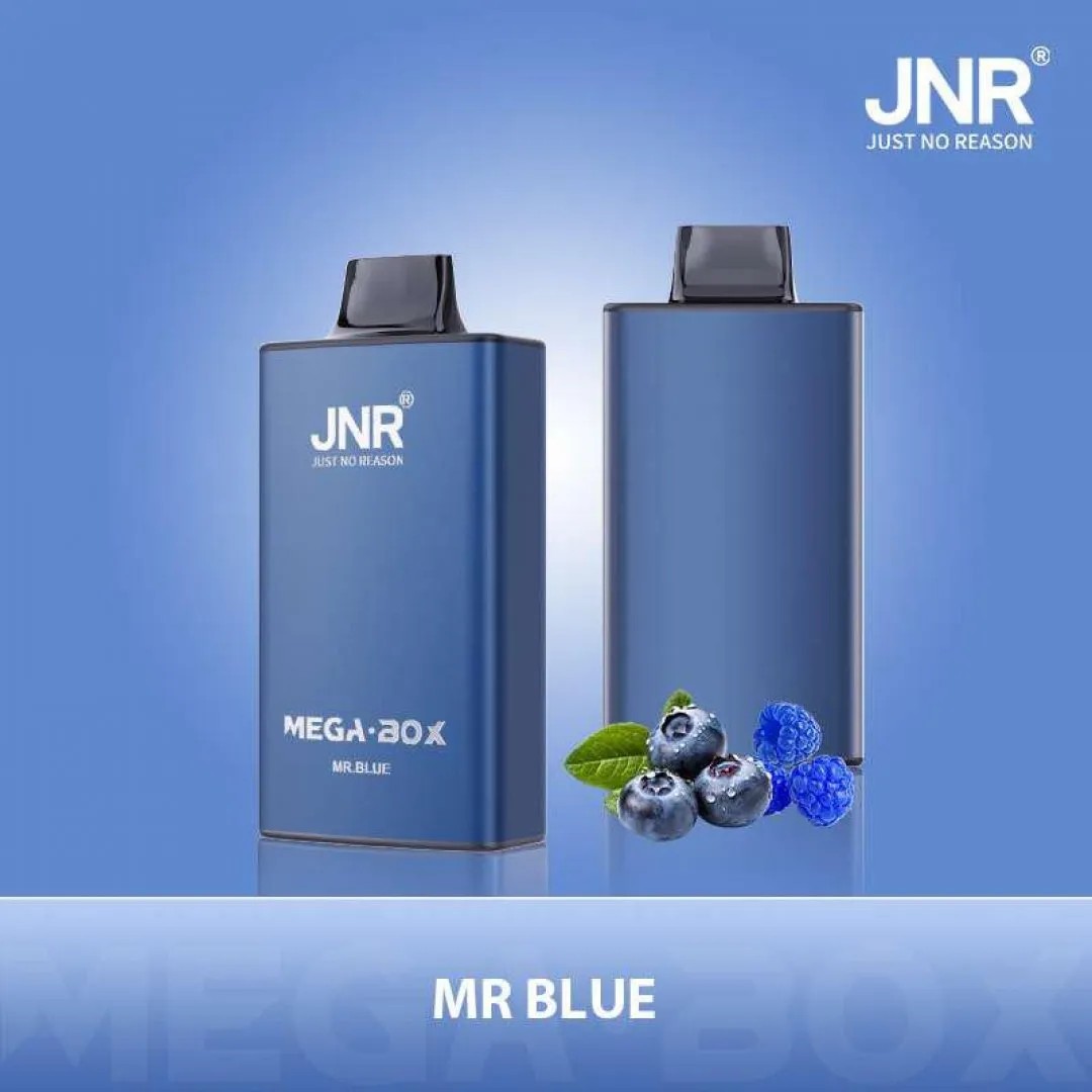 A blue vape device labeled "MR BLUE" with blueberries and green leaves in front, against a gradient blue background.
