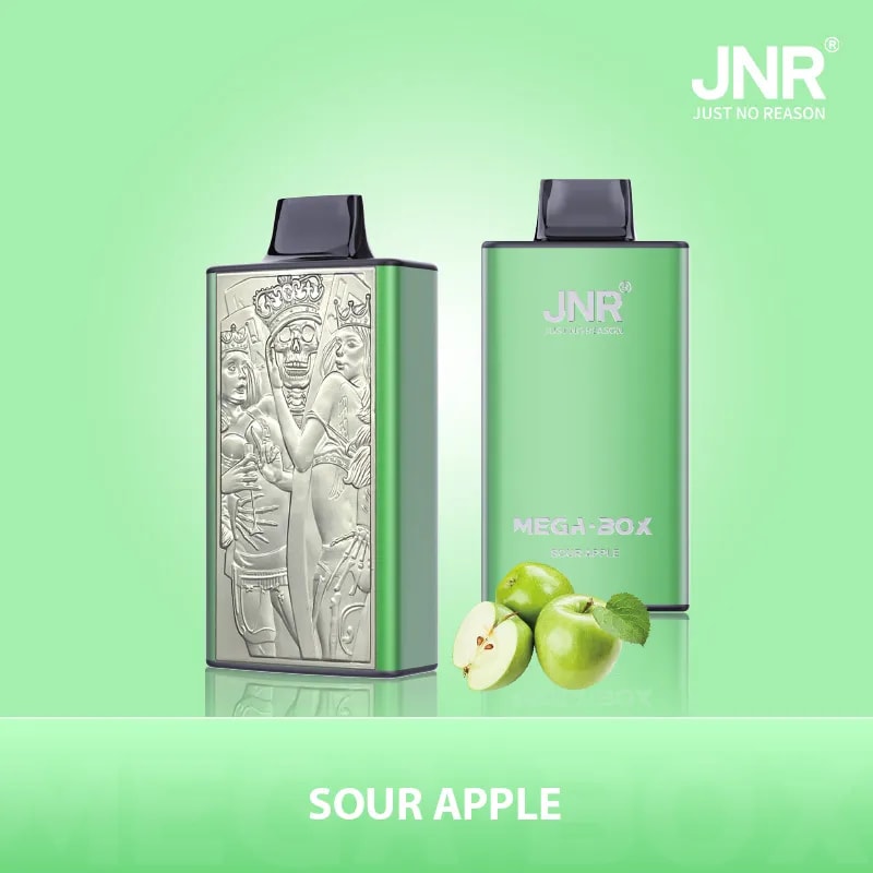 A green rectangular vape device with intricate engraved artwork on one side and the text "JNR MEGA-BOX Sour Apple" on the other side, alongside green apples.