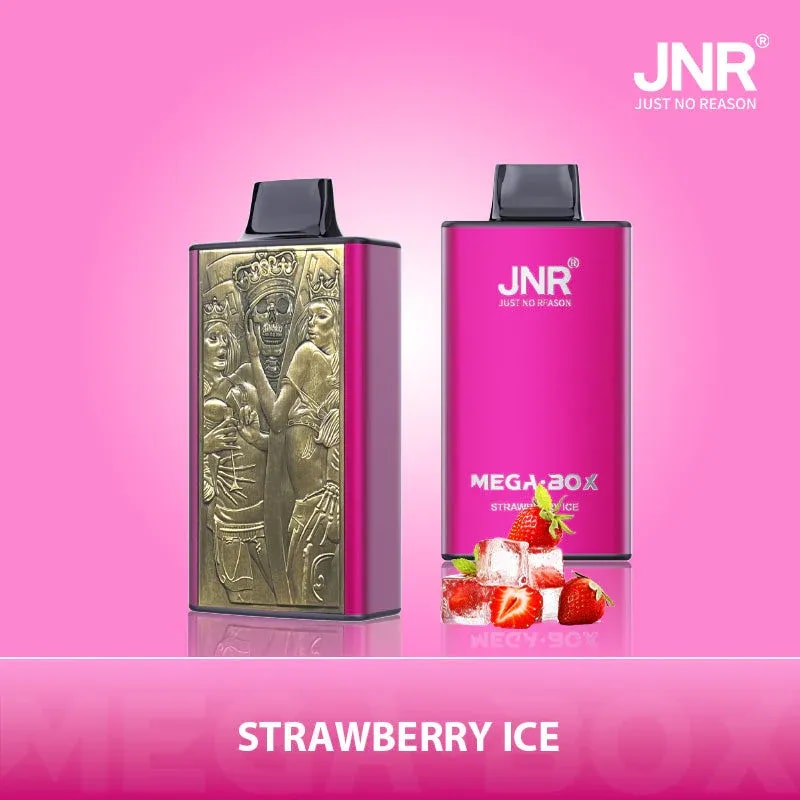 Pink vaping device with the brand "JNR" and "MEGABOX Strawberry Ice" label, featuring a gold embossed design on one side and ice cubes with strawberries below.