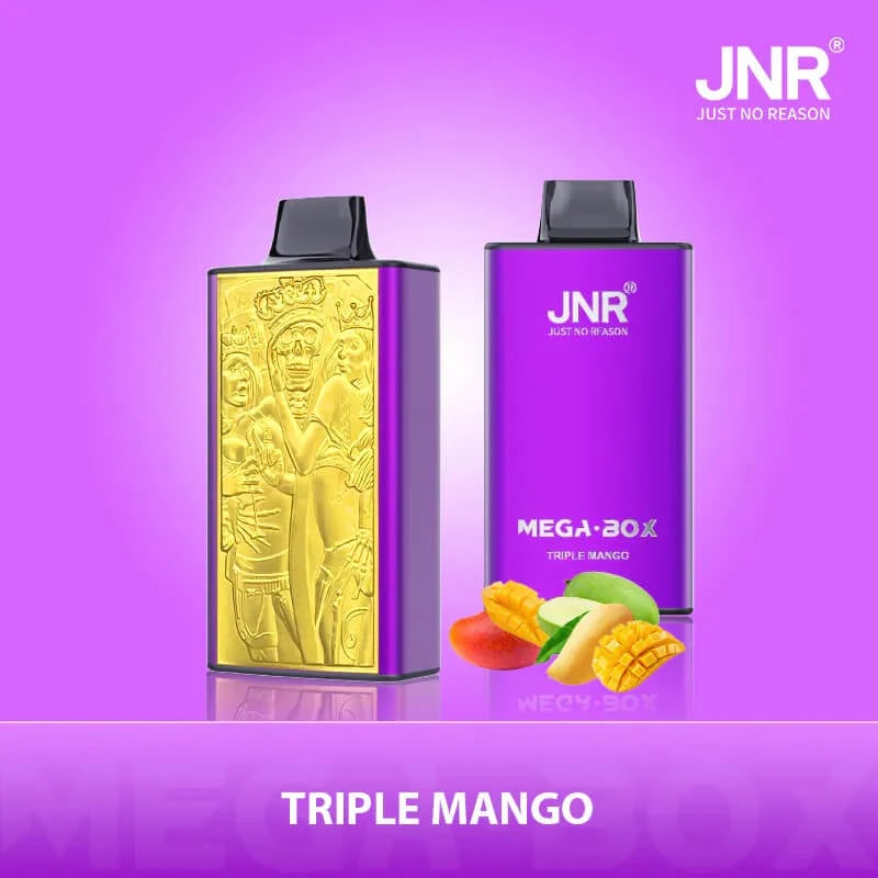 Two vape devices featuring a golden design on the left and a purple design on the right, labeled "TRIPLE MANGO" and "MEGA BOX," with mango and peach illustrations below on a purple background.