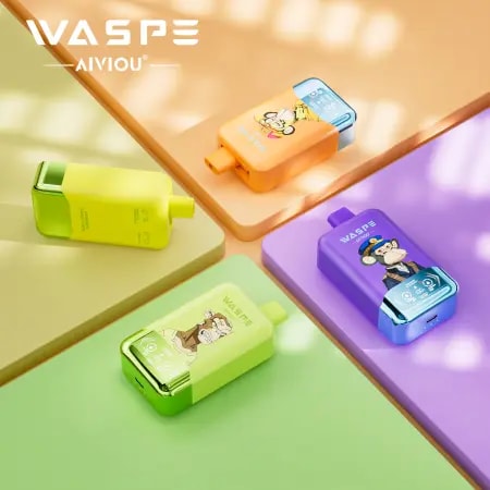 A set of colorful portable chargers in various shapes and designs, featuring cartoon characters, placed on pastel backgrounds of orange, purple, and green. The brand name "WASPE" is visible on the chargers.