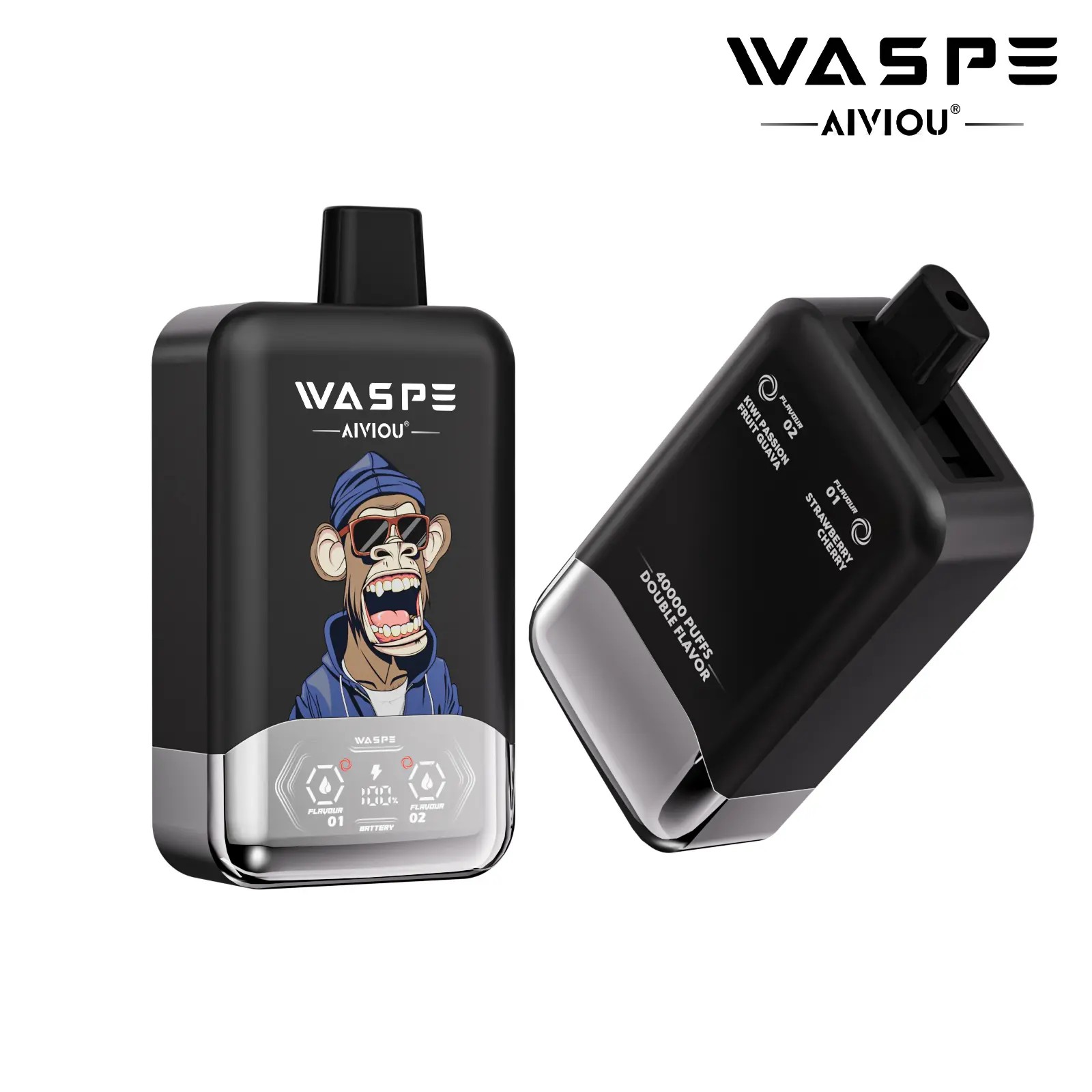 A black vape device featuring a cartoonish illustration of a monkey wearing sunglasses and a blue hoodie. The device has a logo that reads "WASPE" and displays information about flavors and battery status on the front.