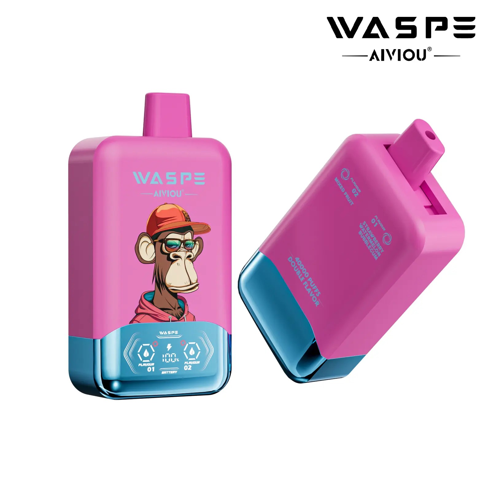 A pink vape device featuring a monkey character wearing glasses and a cap, with blue accents and branding that reads "WASPE" and "AIVIOU."
