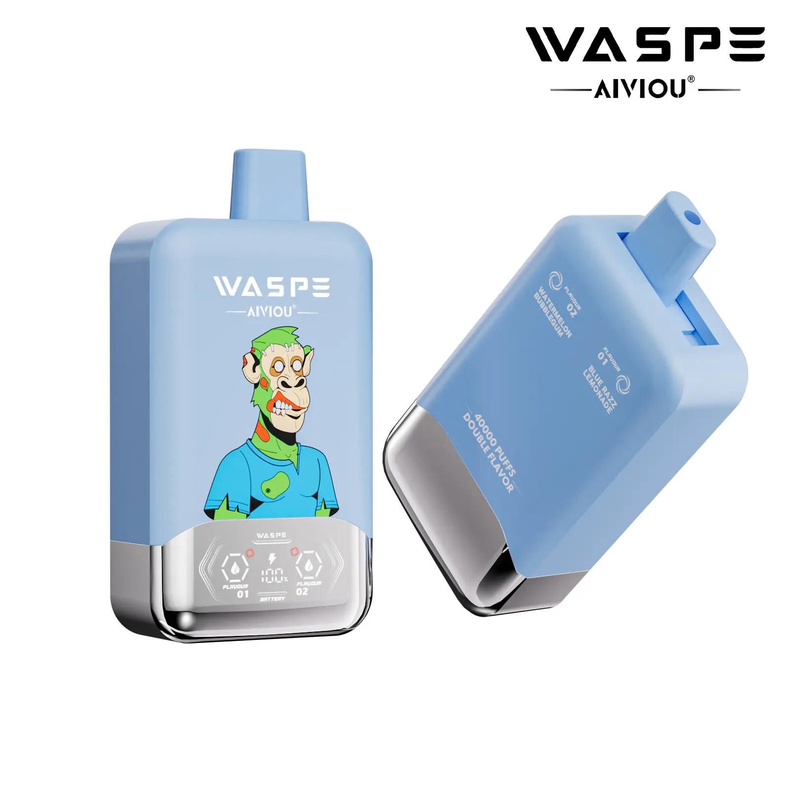 A blue vape device featuring a cartoon gorilla character on one side, with the brand name "WASPE" at the top and indicators for flavor and battery life on the front. The device has a sleek design with a silver bottom.