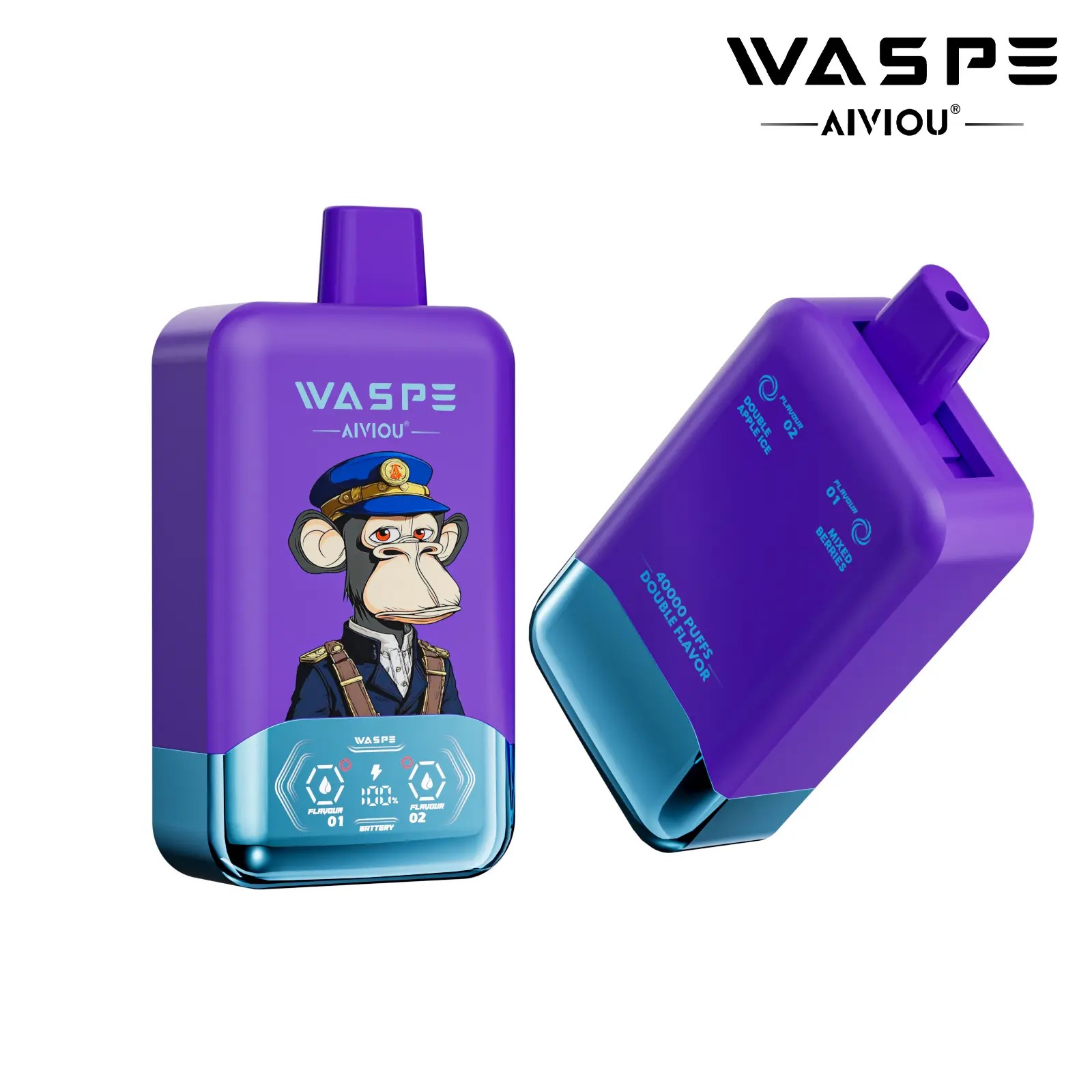 A purple vape device featuring a character illustration of a monkey in a military uniform on the front, with a blue bottom section and labeled controls.