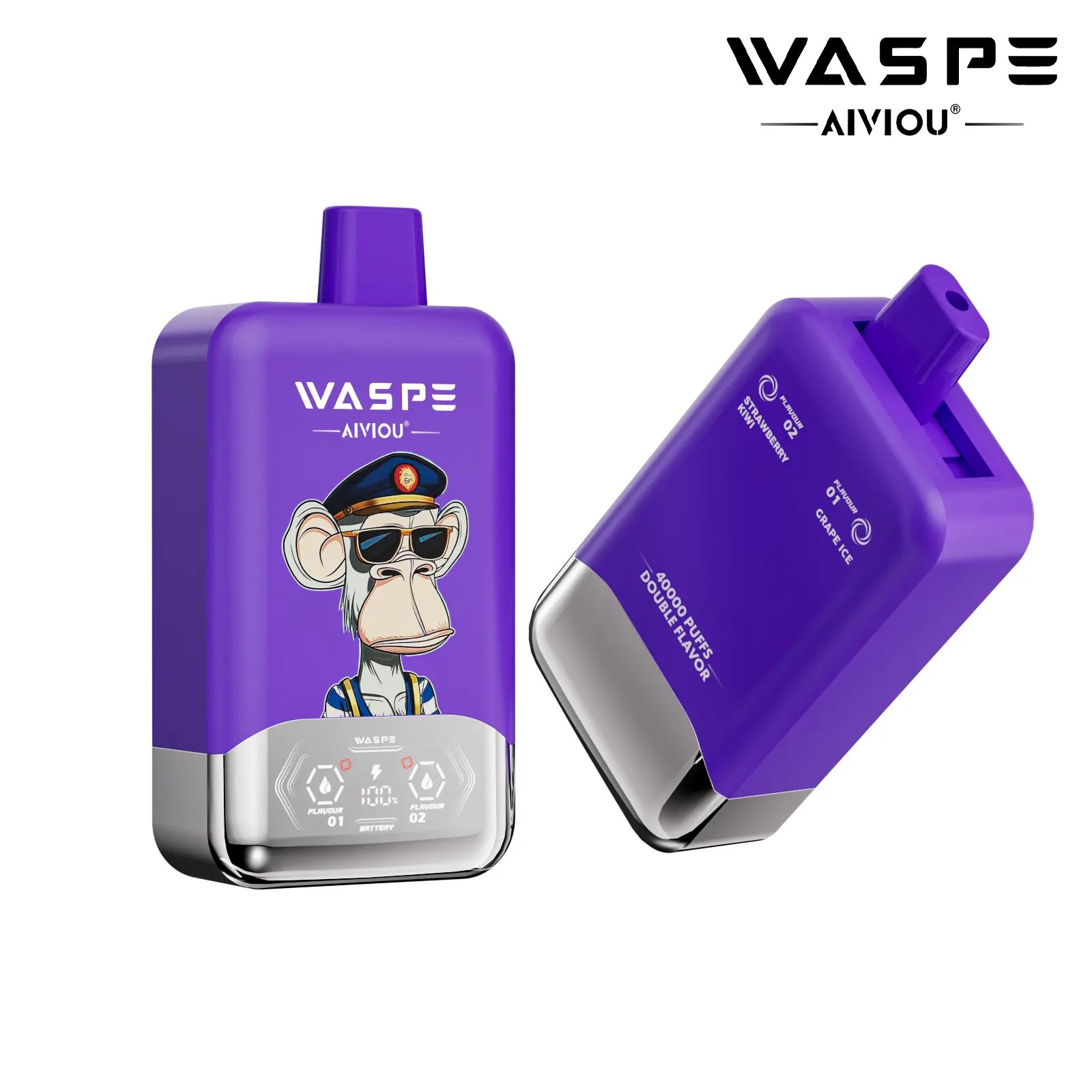 A purple vaping device with a caricature of a monkey wearing sunglasses and a cap, labeled "WASPE AIVIOU." The device features digital indicators and is designed for a capacity of 4,000 puffs with double flavor options.