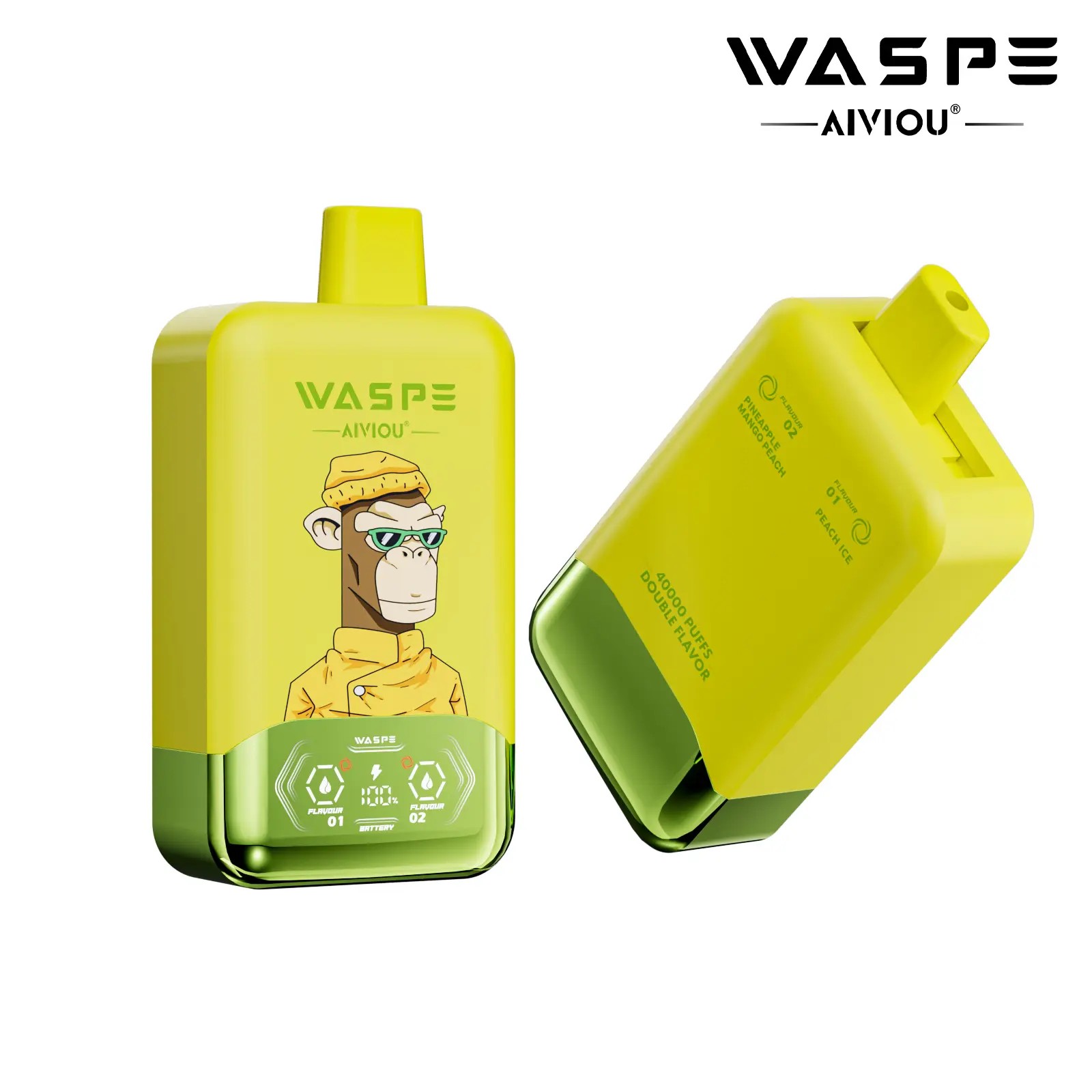 A yellow vape device with a cartoon monkey wearing sunglasses and a yellow jacket on its front, displaying the brand name "WASPE" and labels for flavor and battery life. The device has a green bottom and is shown from two angles.