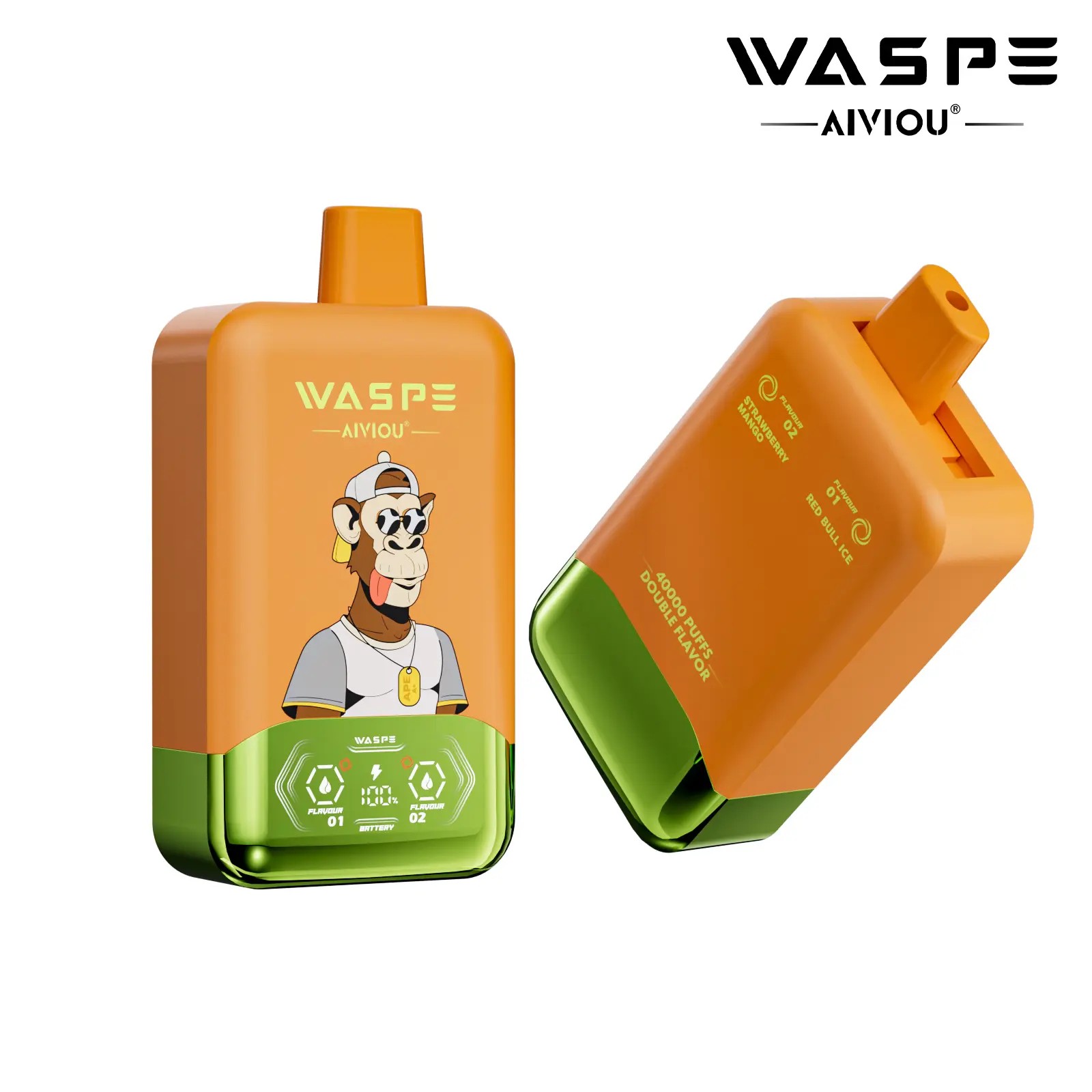 Illustration of an orange vape device featuring a cartoon monkey character on the front, with green accents and text indicating flavors and specifications.