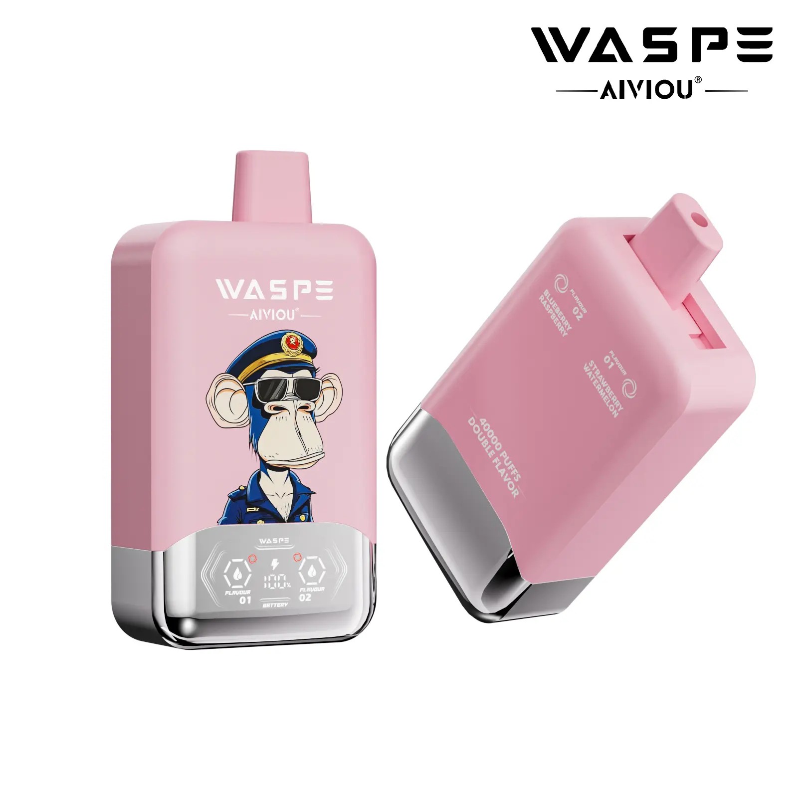 A pink vape device featuring a cartoon monkey in a police uniform with sunglasses on one side, and technical specifications on the other side.