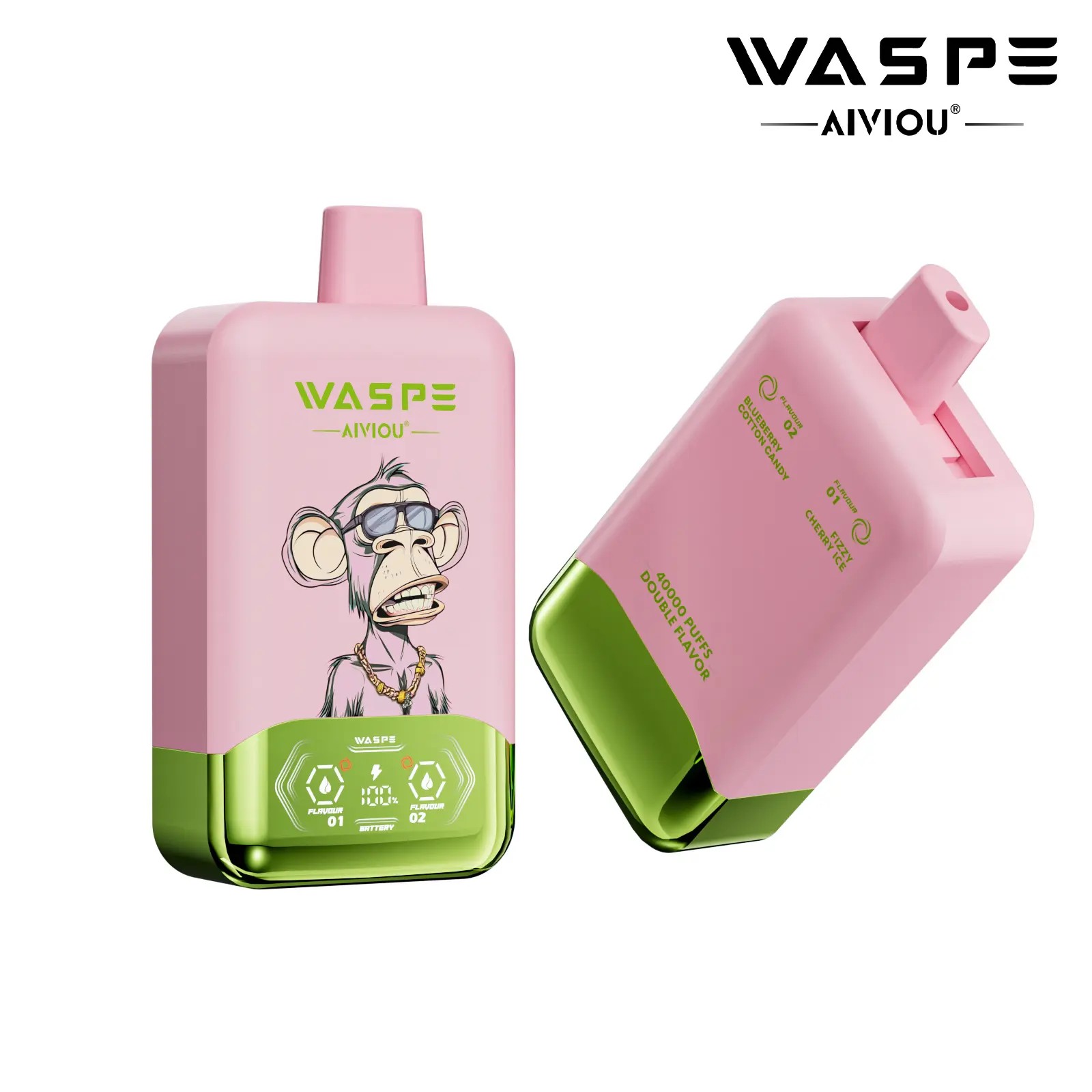 A pink and green vape device featuring an illustration of a stylized monkey wearing sunglasses and jewelry, with branding text "WASPE AIVIOU" and information about flavors and functionality on the body.