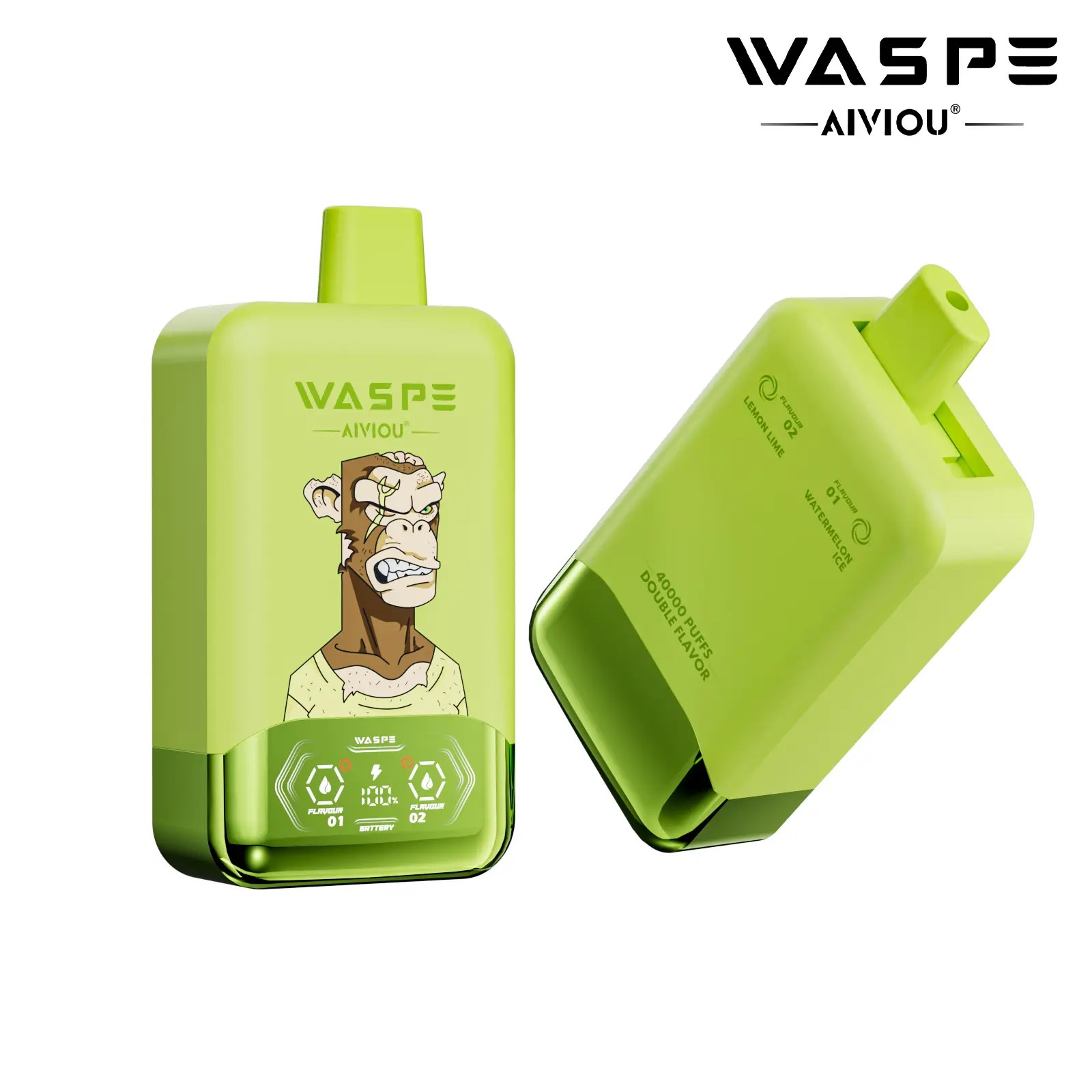 A green vaping device featuring a cartoonish illustration of a monkey on the front, with text indicating flavors of lemon lime and watermelon ice, along with a capacity for 4,000 puffs.