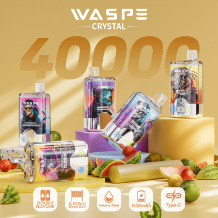 WASPE Crystal disposable vape devices with various flavors, showcasing a 40000 puff capacity, 32ml volume, and features like dual flavor, 0.9D mesh coil, 850mAh battery, and Type-C charging.
