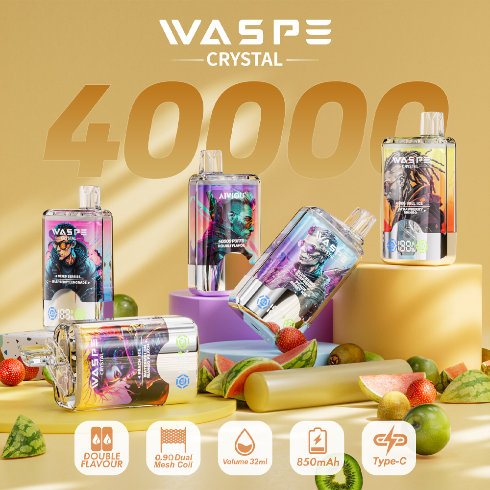 WASPE Crystal disposable vape devices with various flavors, showcasing a 40000 puff capacity, 32ml volume, and features like dual flavor, 0.9D mesh coil, 850mAh battery, and Type-C charging.