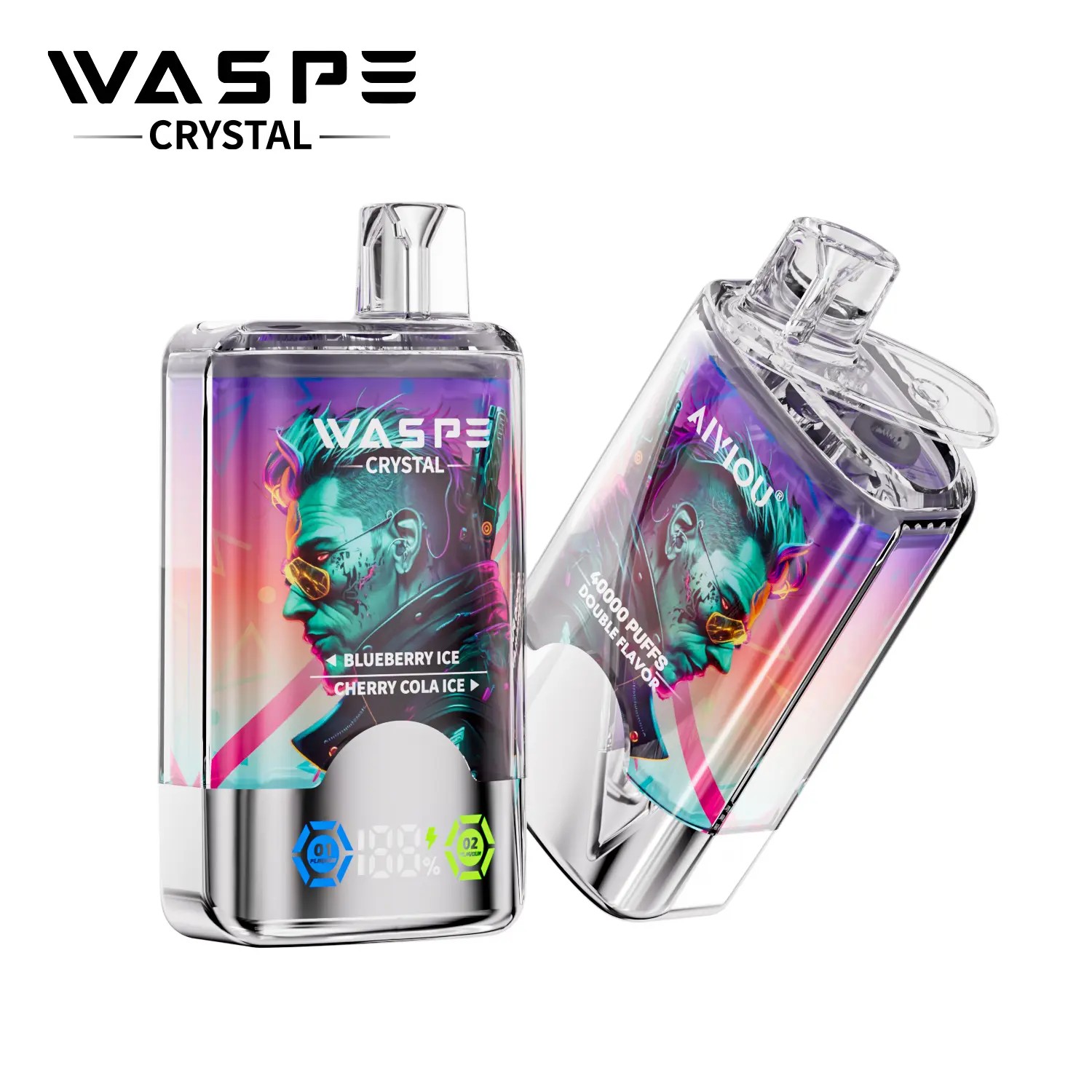 A sleek vape device with a colorful design featuring the WaspE Crystal logo, labeled with "Blueberry Ice" and "Cherry Cola Ice" flavors, showing a futuristic, stylized portrait.