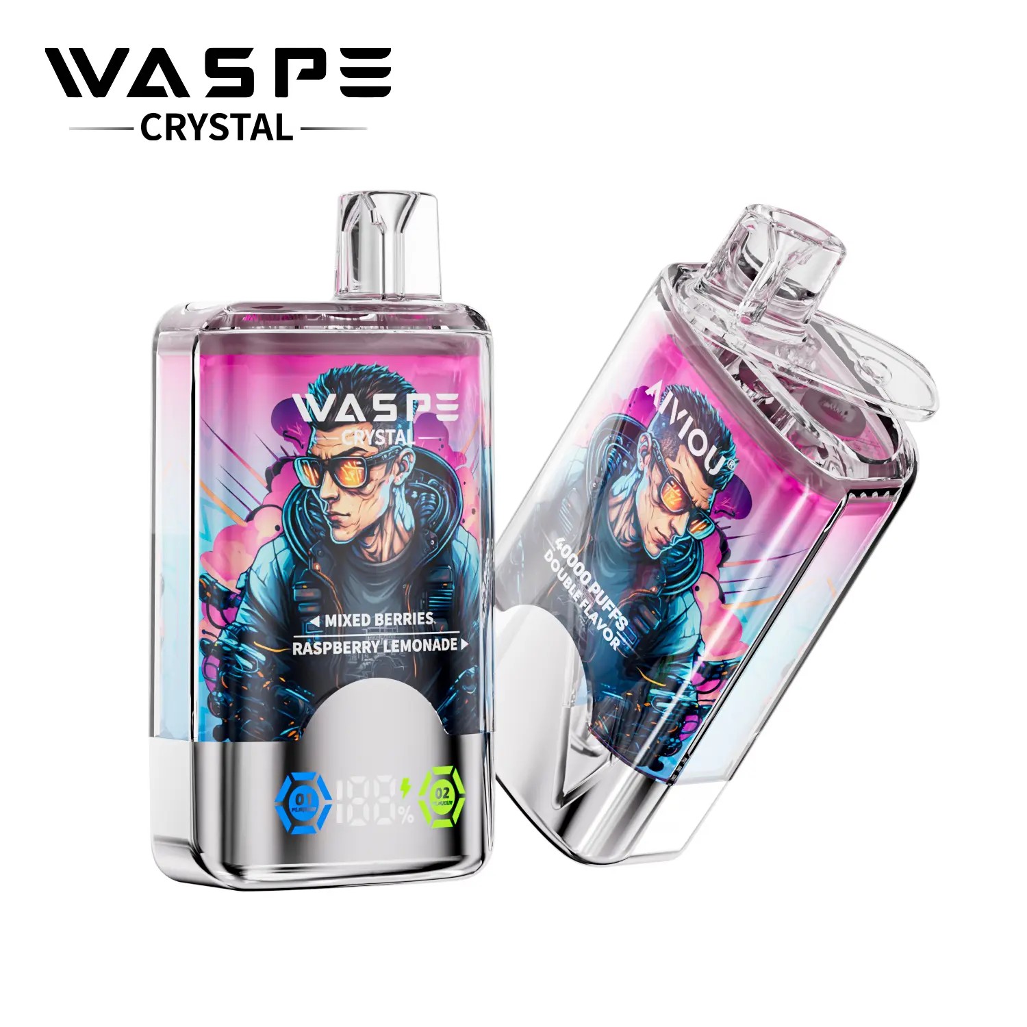 A vape device with a mixed berries and raspberry lemonade flavor, displaying a digital battery indicator.