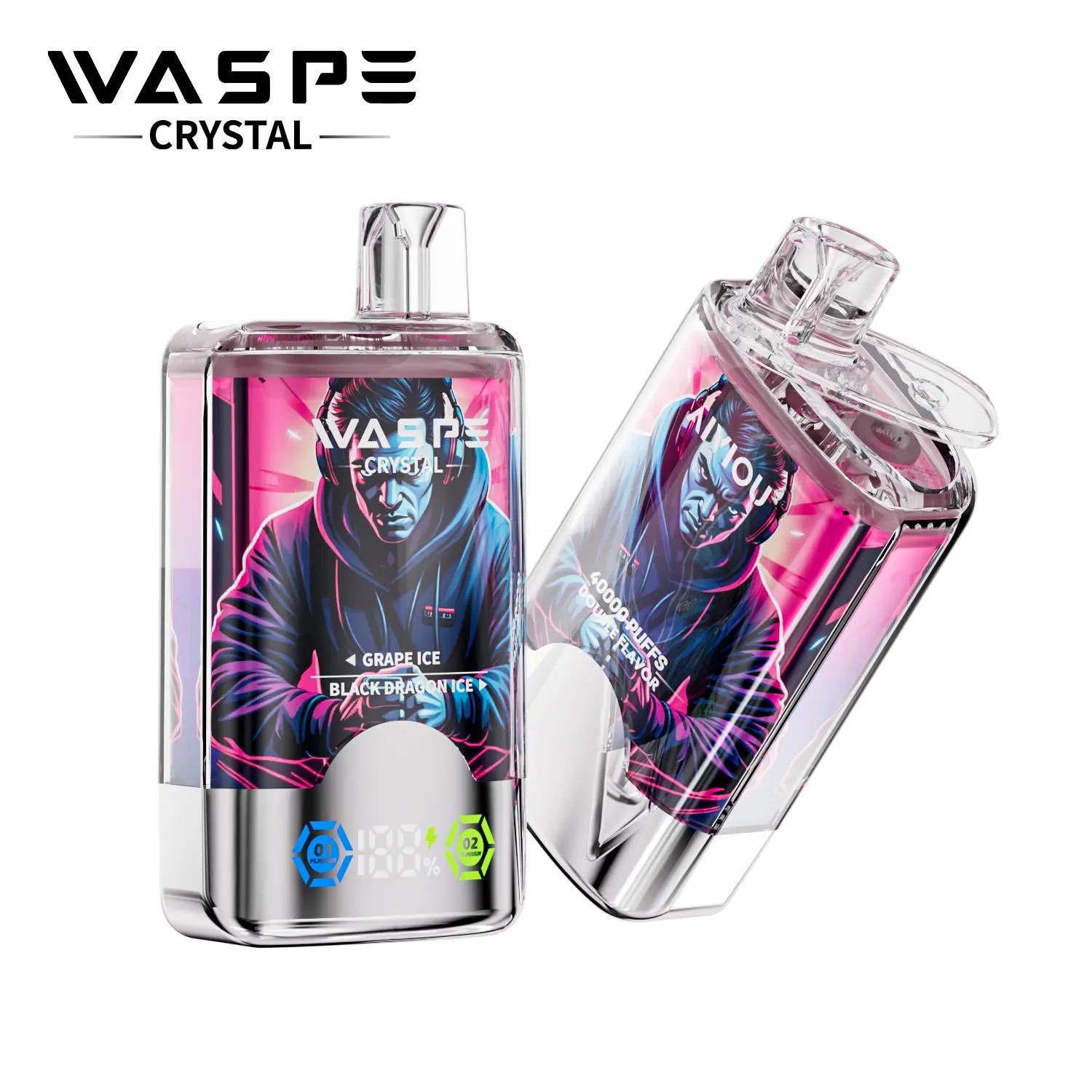 A vape device with a pink and blue design, featuring the text "WASPE CRYSTAL" and "GRAPE ICE BLACK DRAGONICE," with a digital display showing battery percentage.