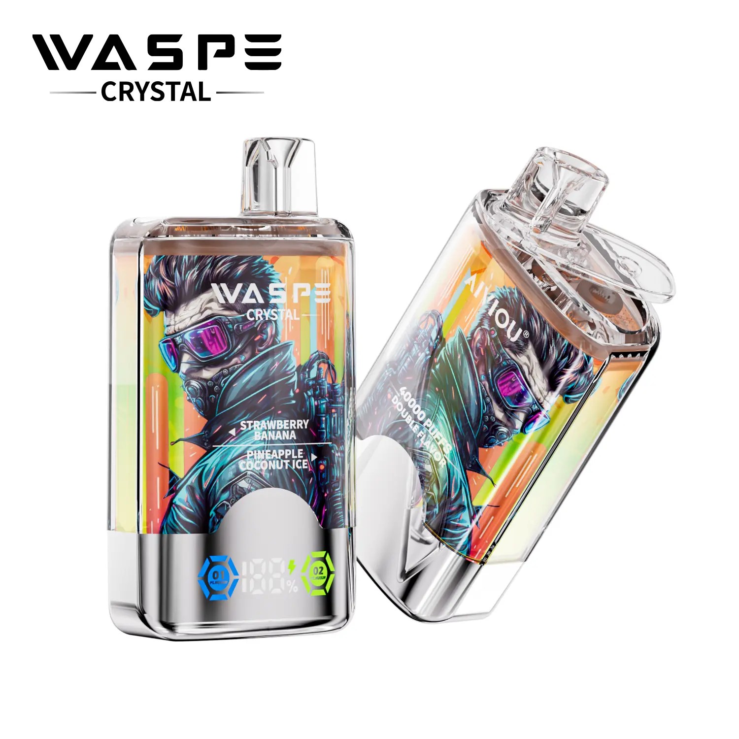 A transparent vape device with a graphic of a person wearing futuristic sunglasses, featuring strawberry, banana, pineapple, and coconut ice flavors on the packaging.
