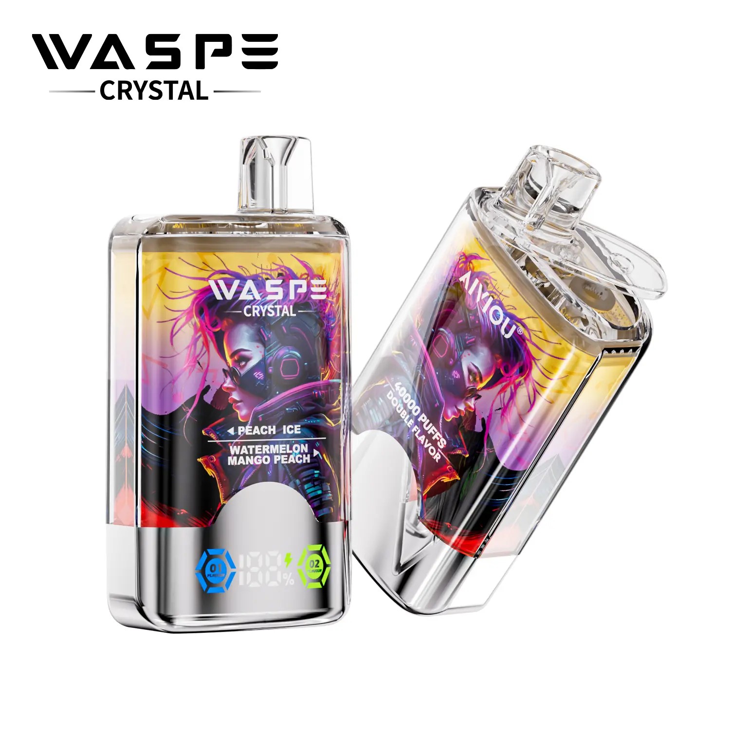 A Waspe Crystal vape device featuring a vibrant design with flavors labeled as Peach Ice, Watermelon, and Mango Peach, showing a digital display with percentage and puff count.