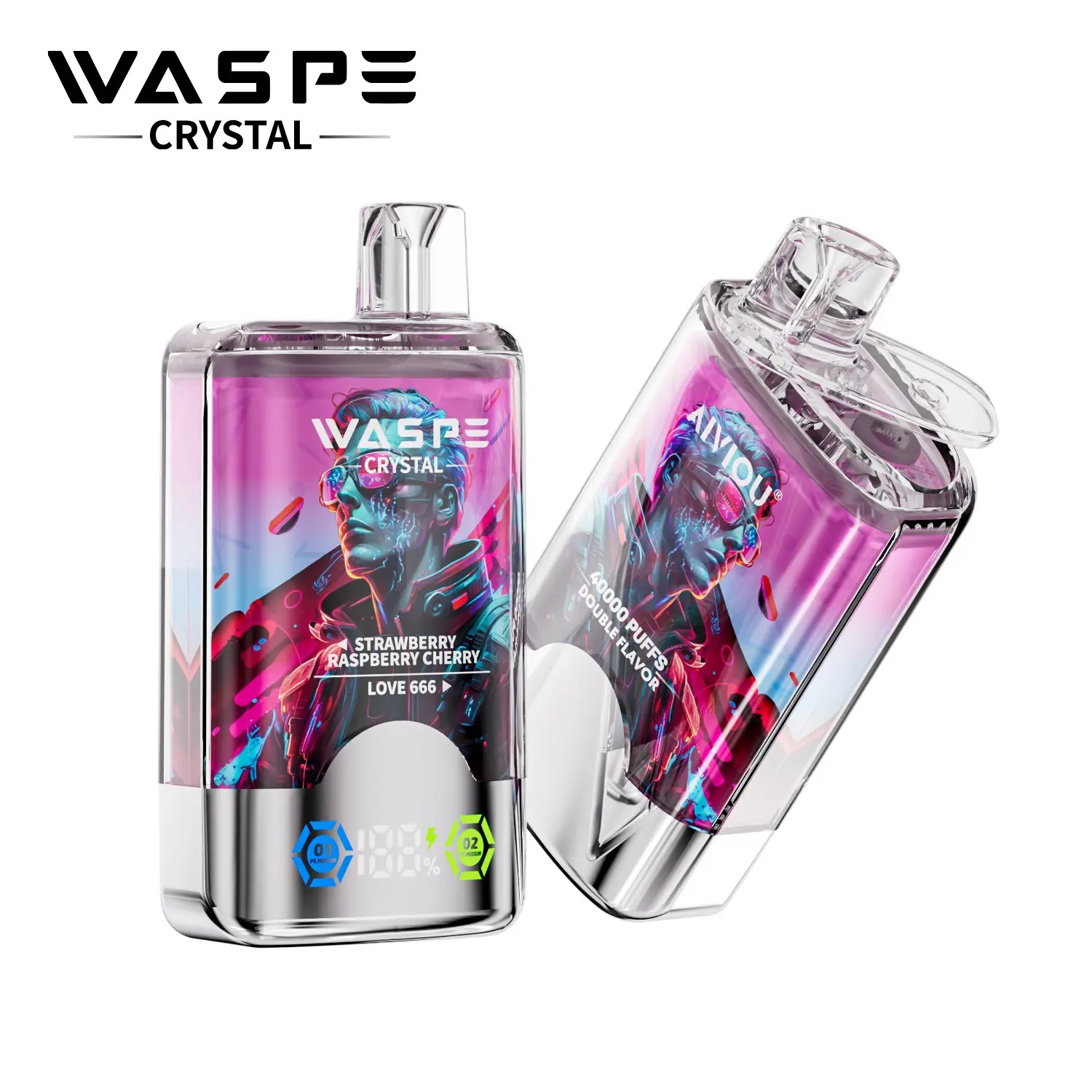 A colorful vaping device with a "WASPE CRYSTAL" logo, featuring a design of a person and a flavor label that reads "STRAWBERRY RASPBERRY CHERRY LOVE 666."