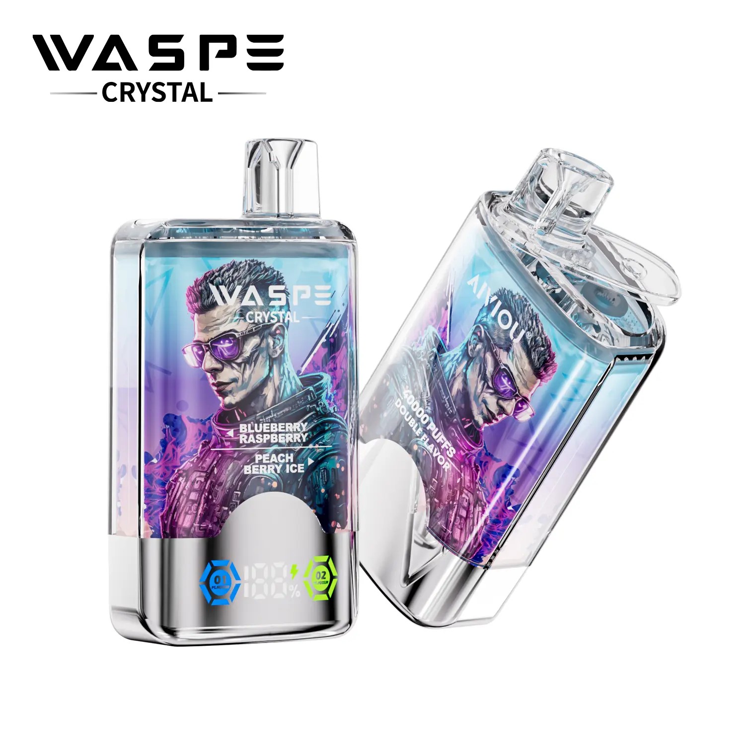 A vape device labeled "WASPE Crystal" featuring artwork of a futuristic character with glasses, and flavors "Blueberry Raspberry" and "Peach Berry Ice," with a digital display showing battery levels.