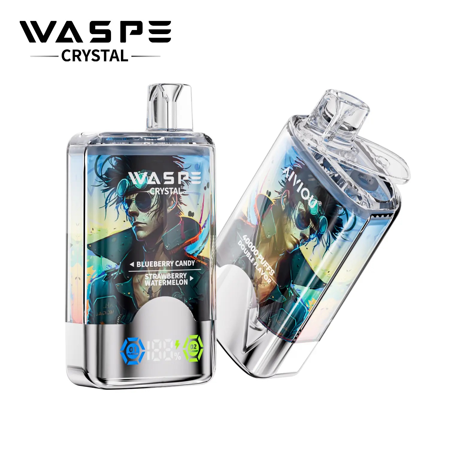 WASPE Crystal disposable vape with a transparent design, dual flavors (Blueberry Candy and Strawberry Watermelon), 40000 puffs capacity, and a digital display.