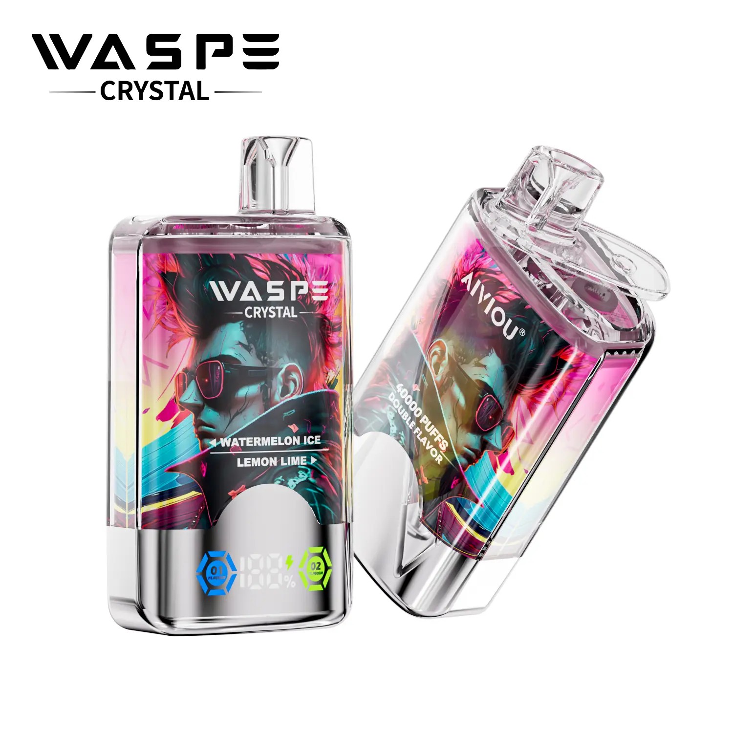 A colorful vape device with a transparent case, dual flavors (Watermelon Ice and Lemon Lime), digital puff counter, and vibrant artwork featuring a stylized character.