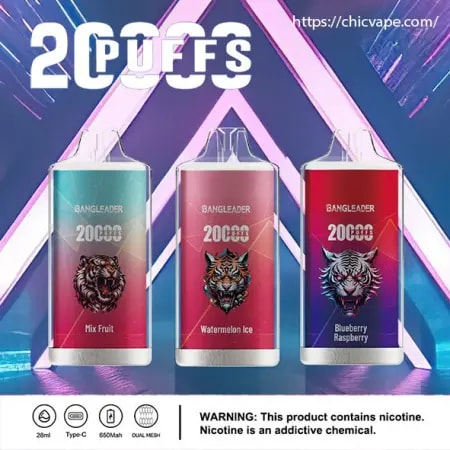 Drei Vape-Kartuschen werden mit bunten Etiketten angezeigt: „Mix Fruit“, „Watermelon Ice“ und „Blueberry Raspberry“ mit Tigergrafiken. Der Hintergrund ist mit geometrischen Neonmustern versehen und unten befindet sich ein Warnhinweis.
