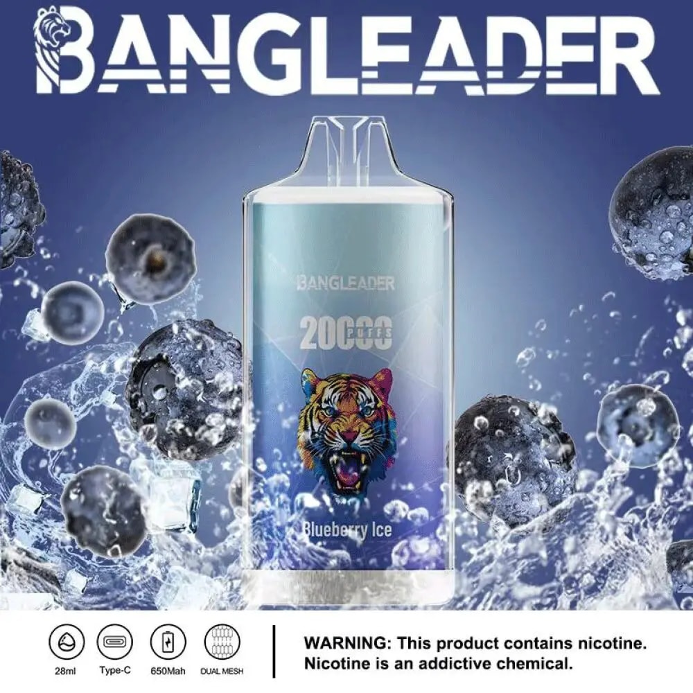 BANGLEADER Blueberry Ice disposable vape with 20,000 puffs, a dual-mouthpiece design, and a colorful tiger illustration, surrounded by splashing blueberries and ice cubes. Warning label states the product contains nicotine.