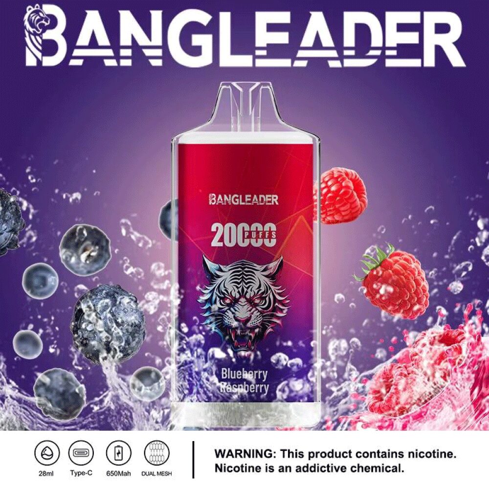 Bangleader disposable vape with blueberry raspberry flavor, featuring a tiger logo and a puff count of 20,000.