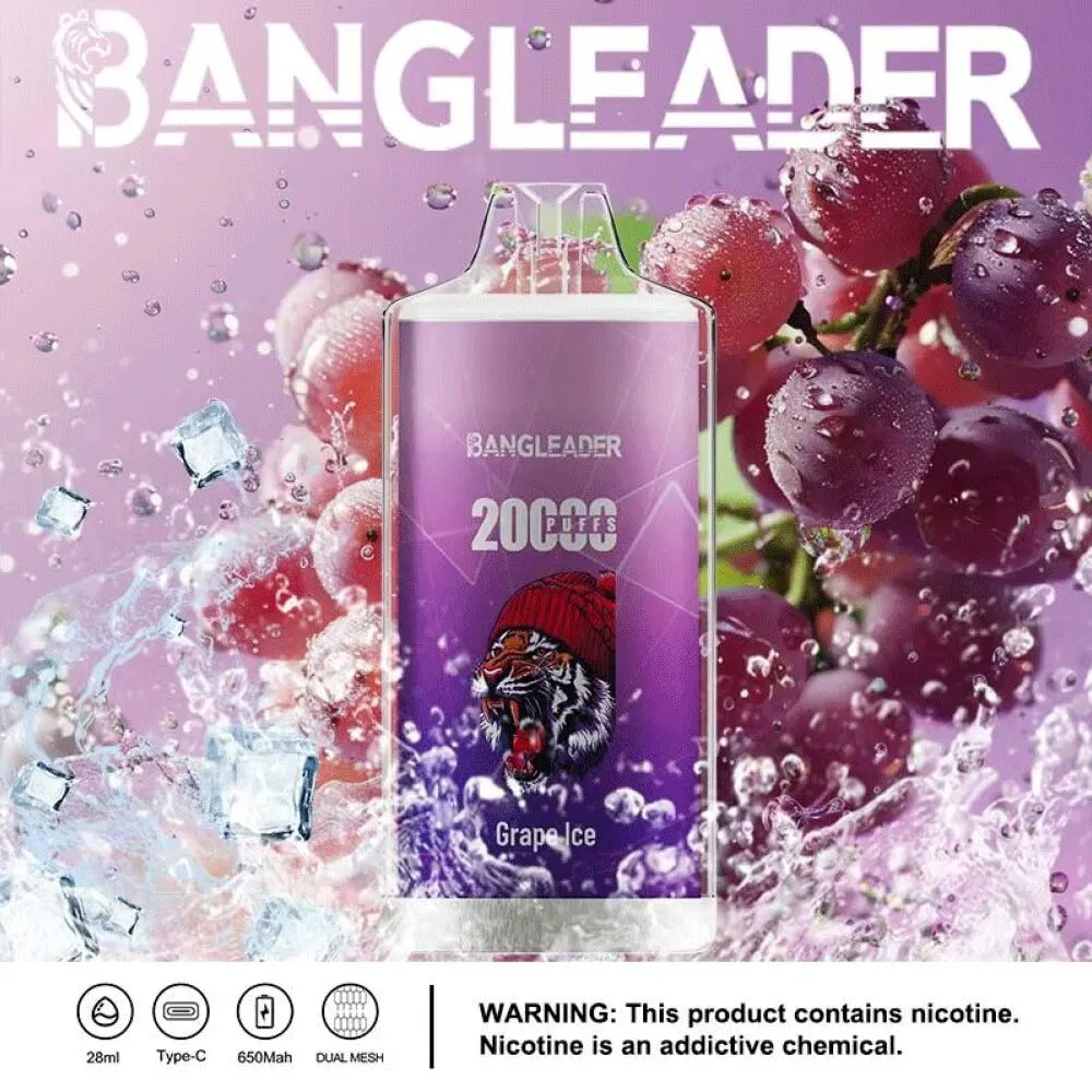 A vape device labeled "BANGLEADER" with a grape ice flavor, surrounded by ice cubes and grapes.