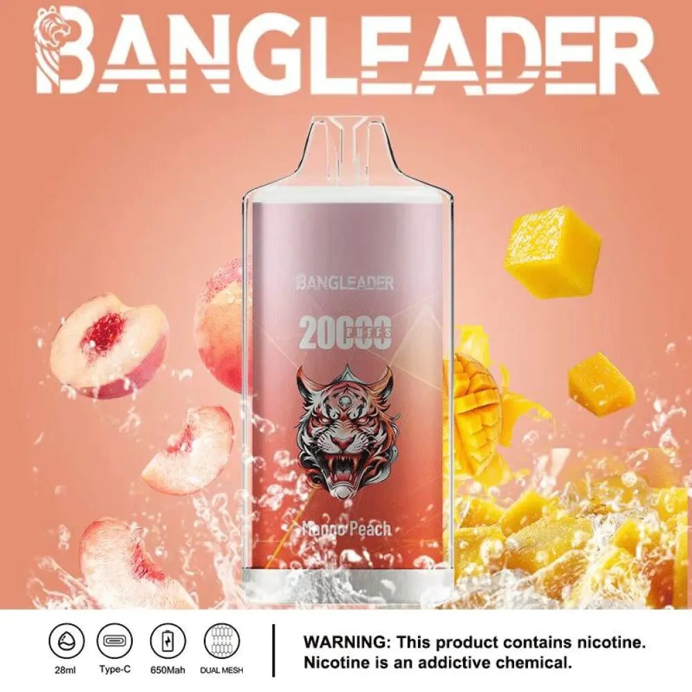 A vape device with a mango peach flavor, featuring a tiger logo and the text "BANGLEADER 20,000 Puffs" on the packaging.