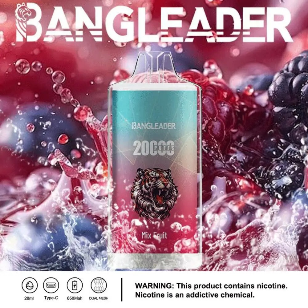 A vape device with a mix fruit flavor, featuring a tiger design and displaying "20000 PUFFS" in bold text.