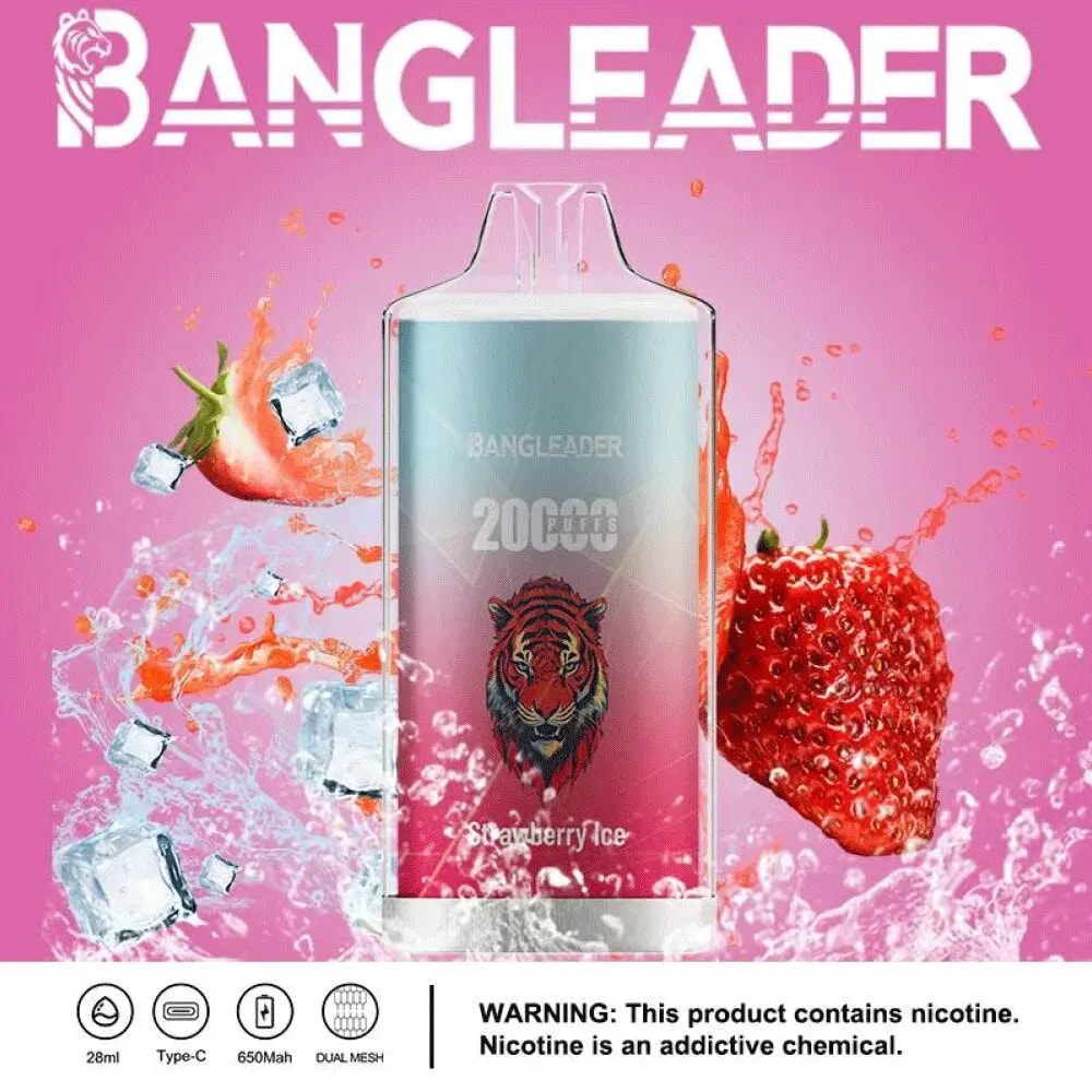A strawberry ice flavored vape device with a tiger logo, surrounded by ice cubes and strawberries, with a pink background.