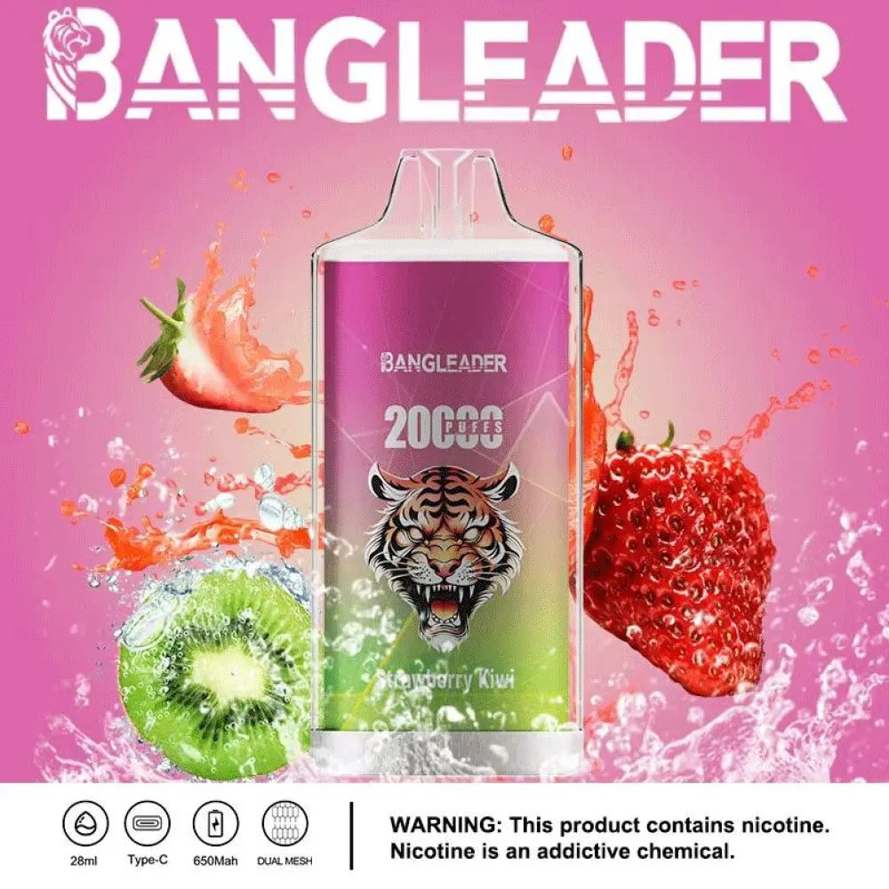A vape device with a tiger design, labeled "BANGLEADER," featuring strawberry kiwi flavor and 20,000 puffs, surrounded by kiwi and strawberry slices with water splashes.