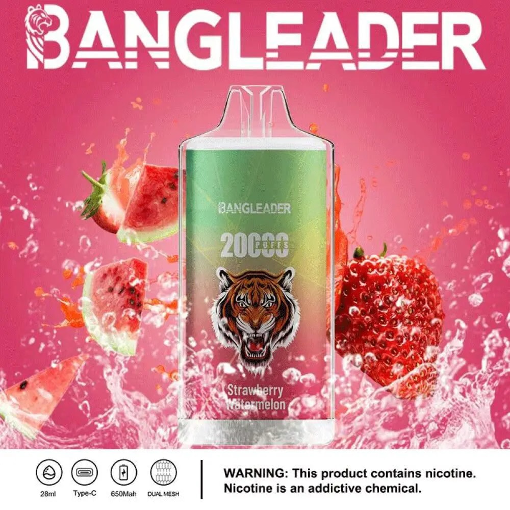 A vape device with a tiger design, labeled "BANGLEADER," featuring strawberry watermelon flavor and 20,000 puffs, surrounded by watermelon and strawberry slices with water splashes.