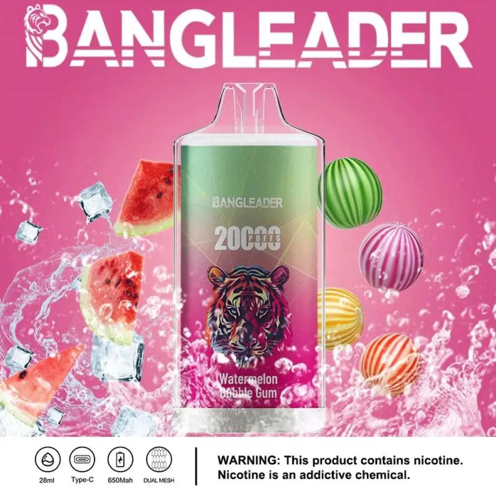 A colorful vape device with a tiger logo, featuring watermelon bubble gum flavor, surrounded by watermelon slices and candy.