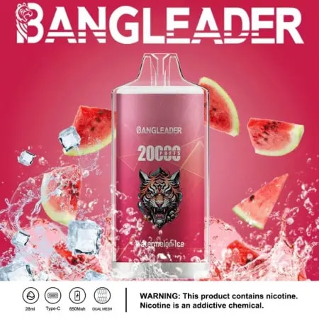 Ein Vape-Gerät mit Wassermelonengeschmack, einem Tiger-Logo, Eiswürfeln und einem rosa Hintergrund.