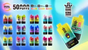 bang king 50k:Nicotine: 0% 2% 3% 5% Puffs:50000 Capacity:50ml 1.0ohm Mesh Coil Battery:850mah Digital Display Screen: battery capacity/ e-liquid capacity Airflow Adjustable 12 flavors available Type-C Pack:10pc/box